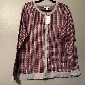 NWT Christopher & Banks Cardigan Sweater Houndstooth Burgundy Gray size XL